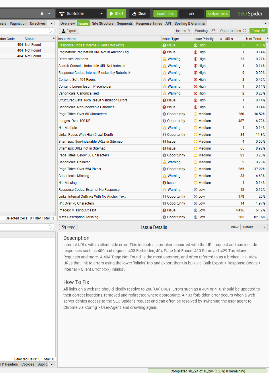 SEO audit tool shows issues by type and priority, as well as affected URLs.