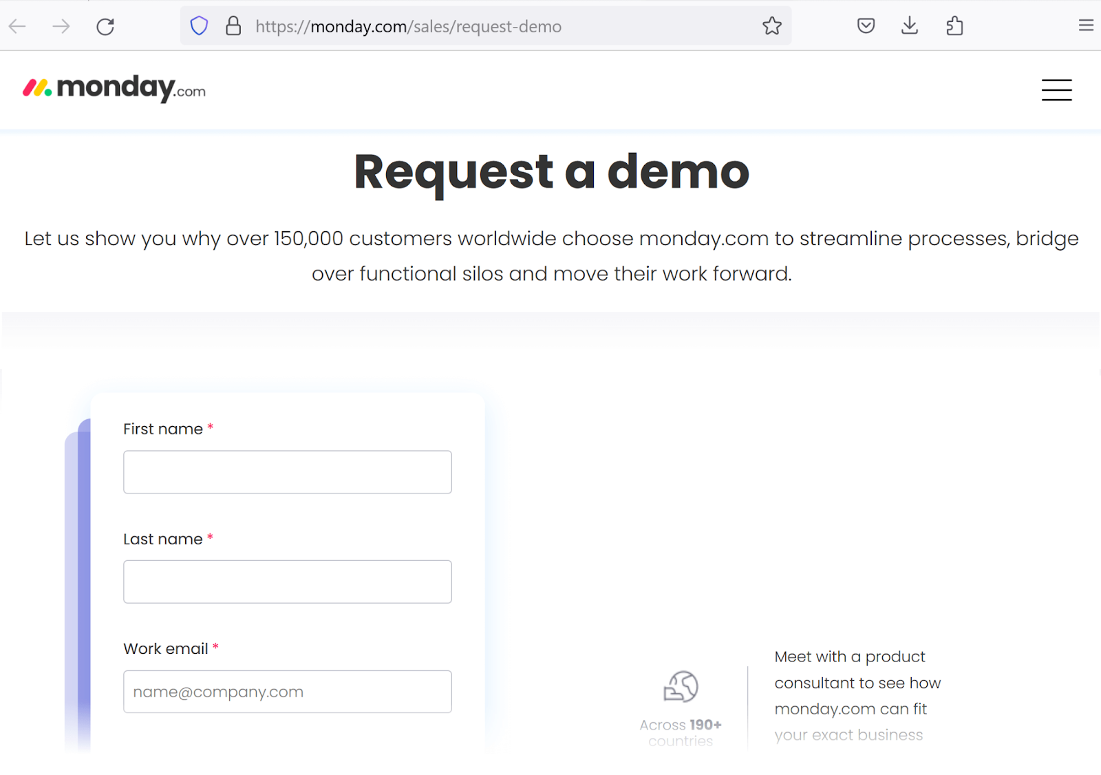 "Request a demo" page on Monday.com