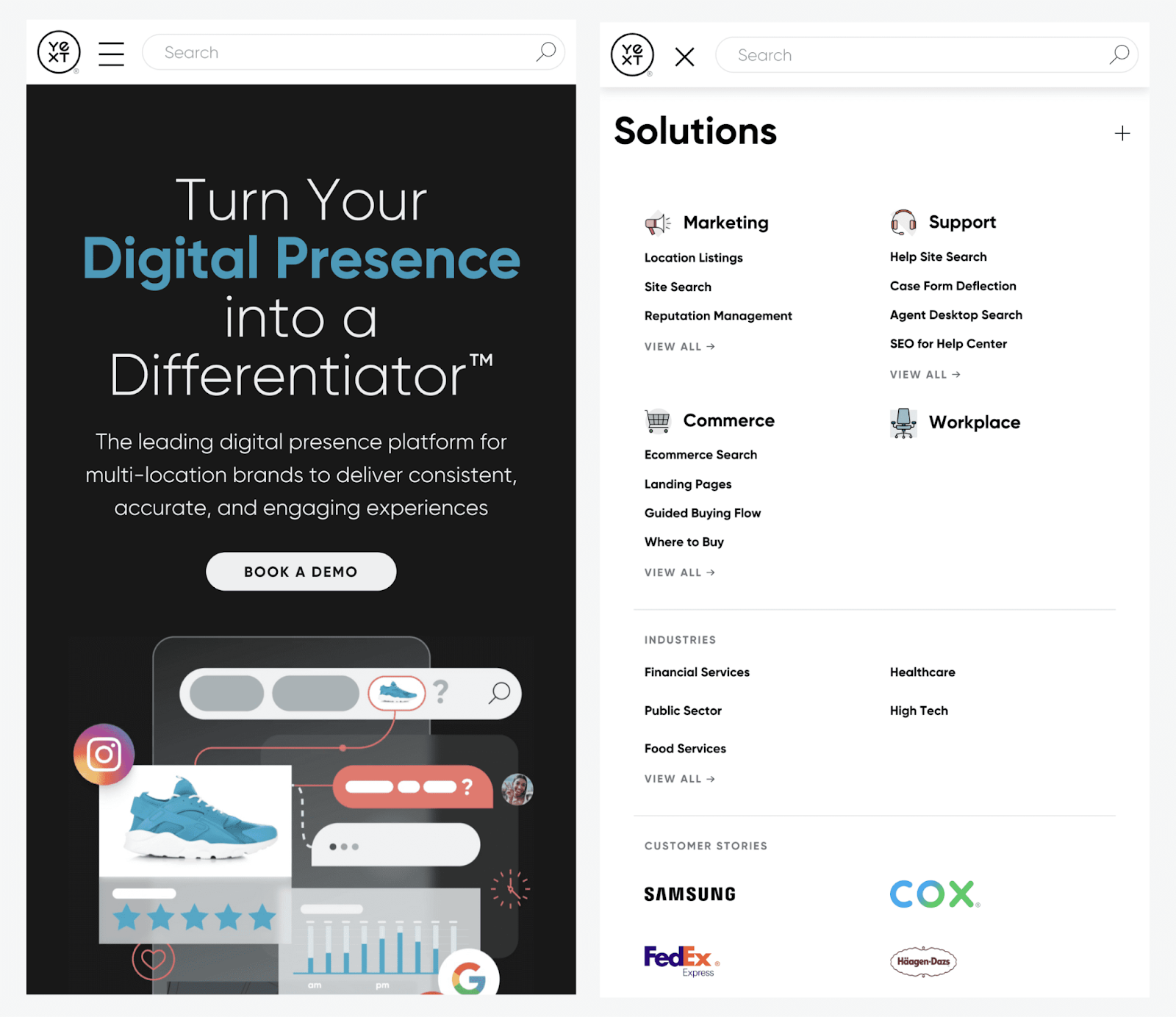 Yext's homepage and menu, adjusted for a mobile screen