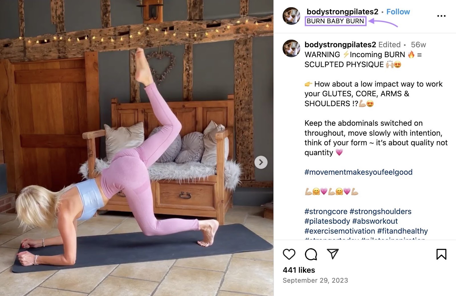 Instagram station  by Fiona Whelan with “BURN BABY BURN” utilized  arsenic  the determination  tag to stress  the workout’s intensity.