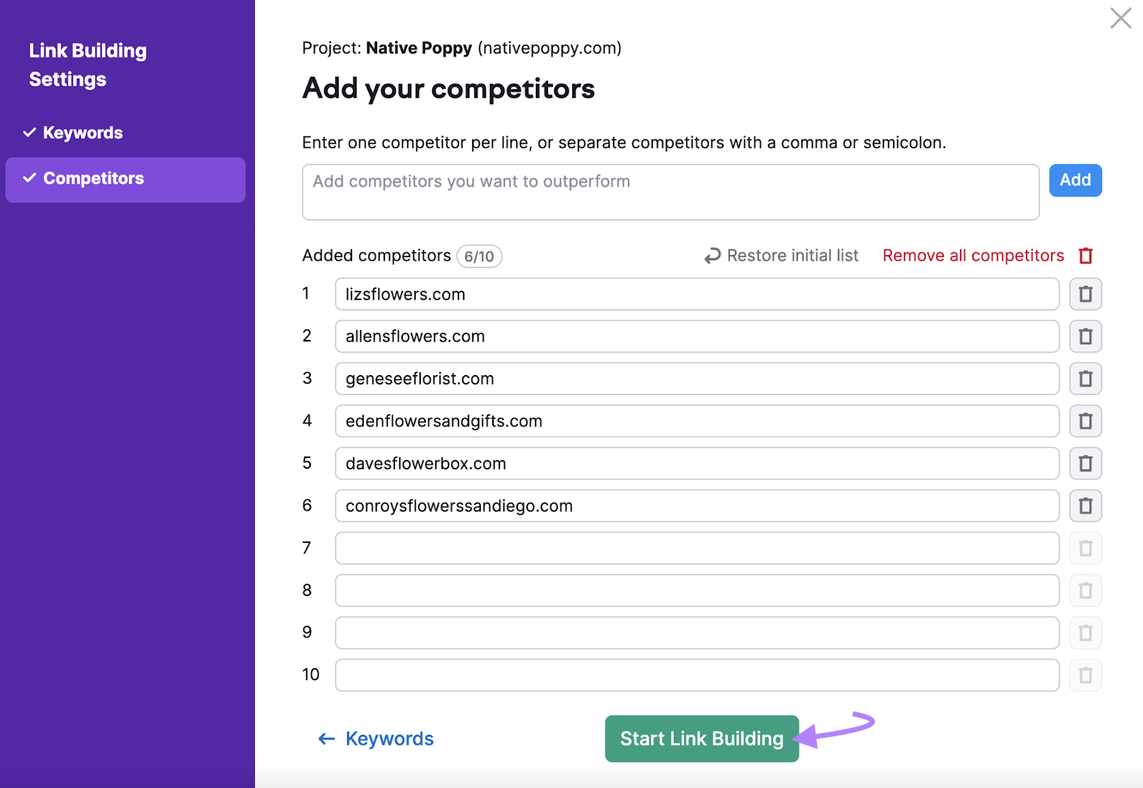 "Add your competitors" window in Link Building Tool settings