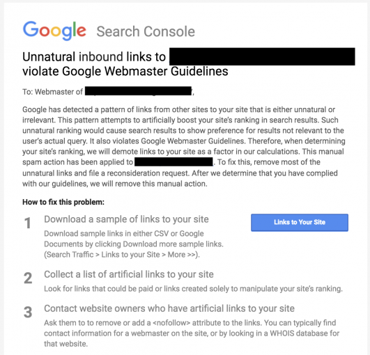 Une notification de Google à propos d’une pénalité pour liens entrants artificiels