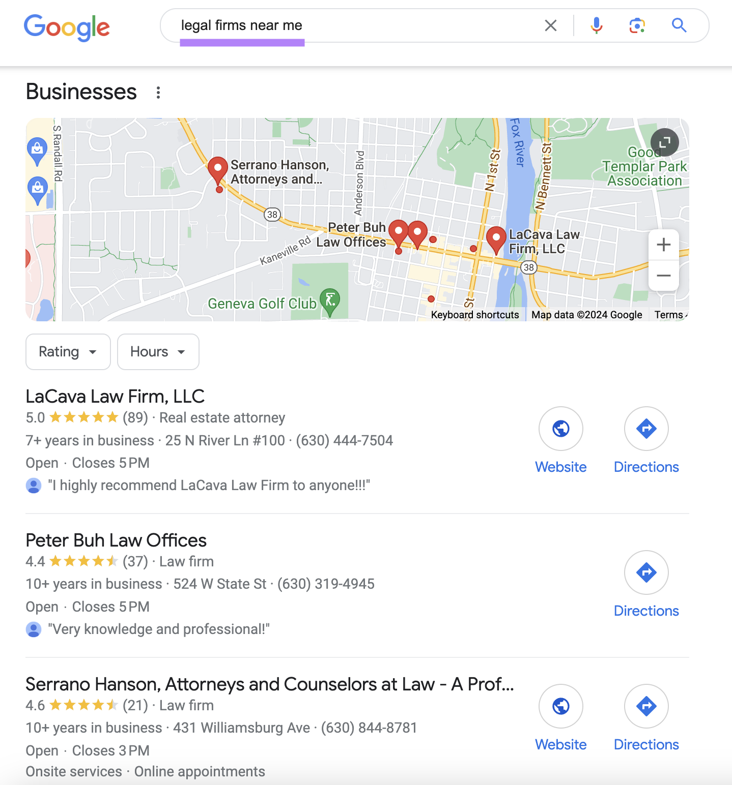 Google's local pack results for "legal firms near me" query