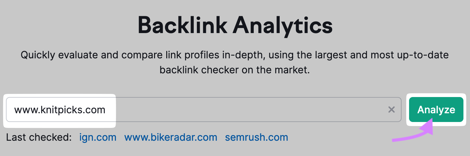 searching for "www.knitpicks.com" in Backlink Analytics