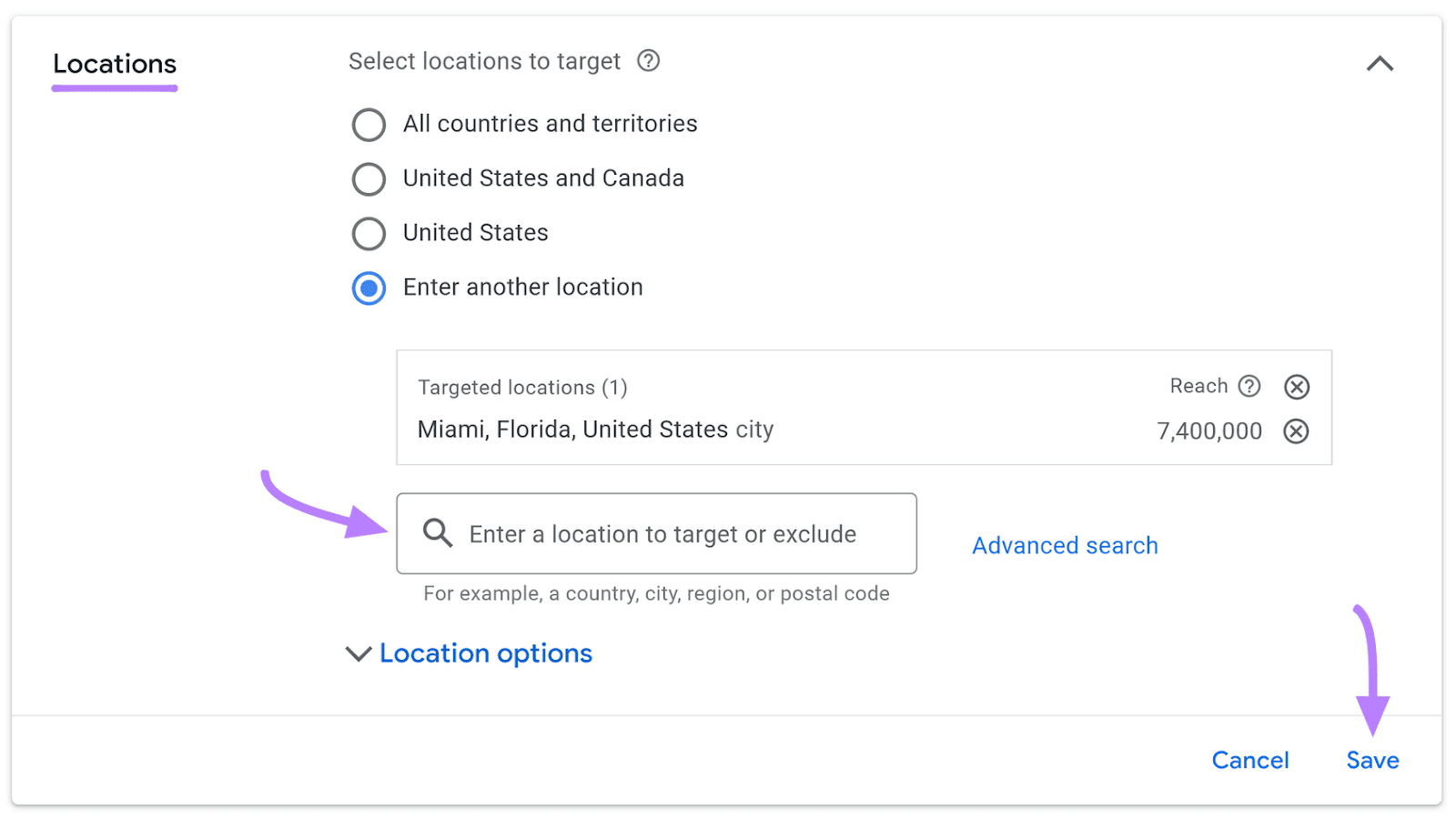 “Locations” section in Google Ads settings