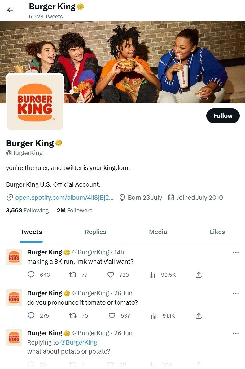 Burger King on Twitter uses humor in their posts