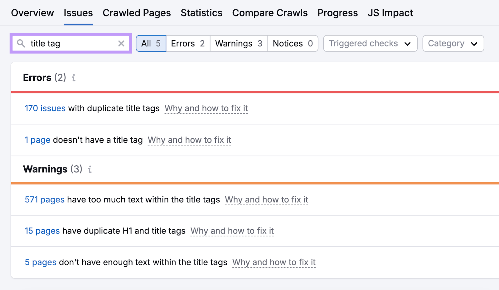 search for title tag issues in site audit shows issues like duplicate title tags, pages without title tags, too much text, duplicate h1 and title tags, and not enough text