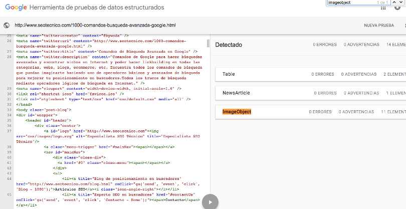 Validación del microformato ImageObject