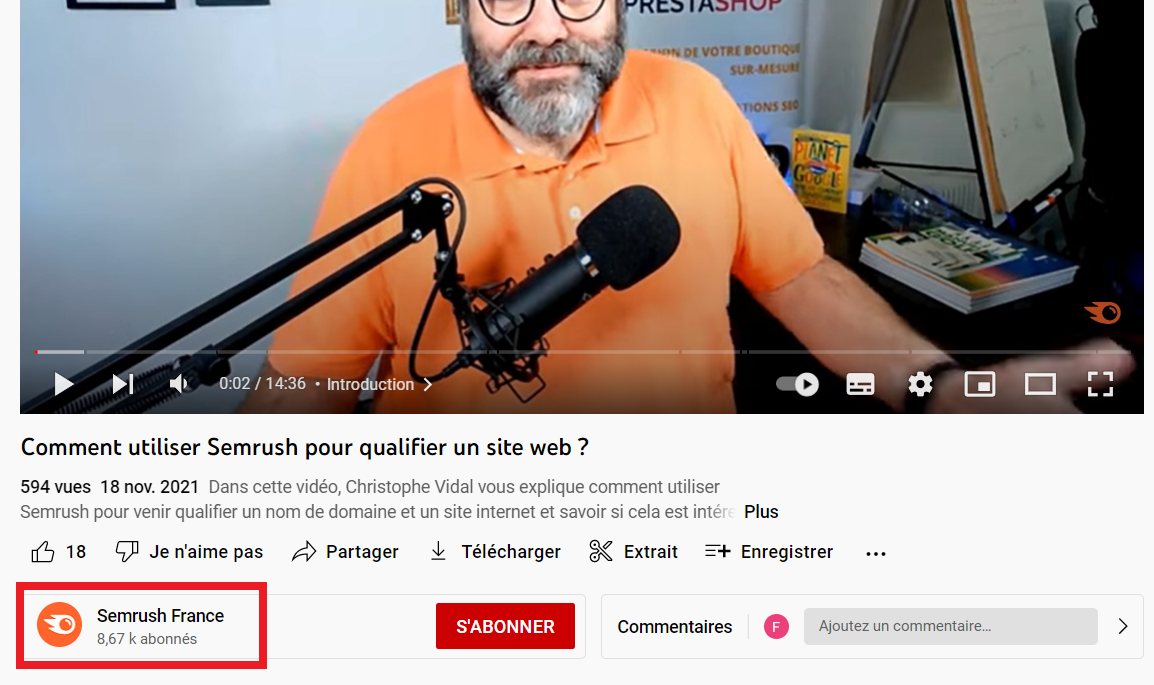 Nom de chaîne YouTube sous la vidéo