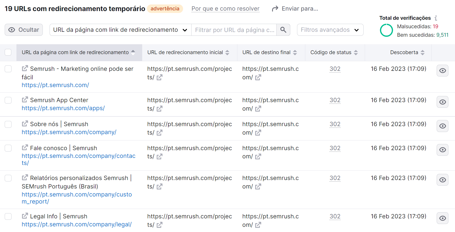 páginas com redirecionamento temporário