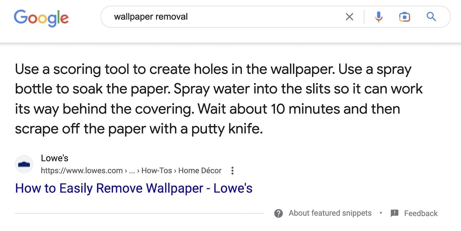 Featured snippet for wallpaper removal keywords in SERP