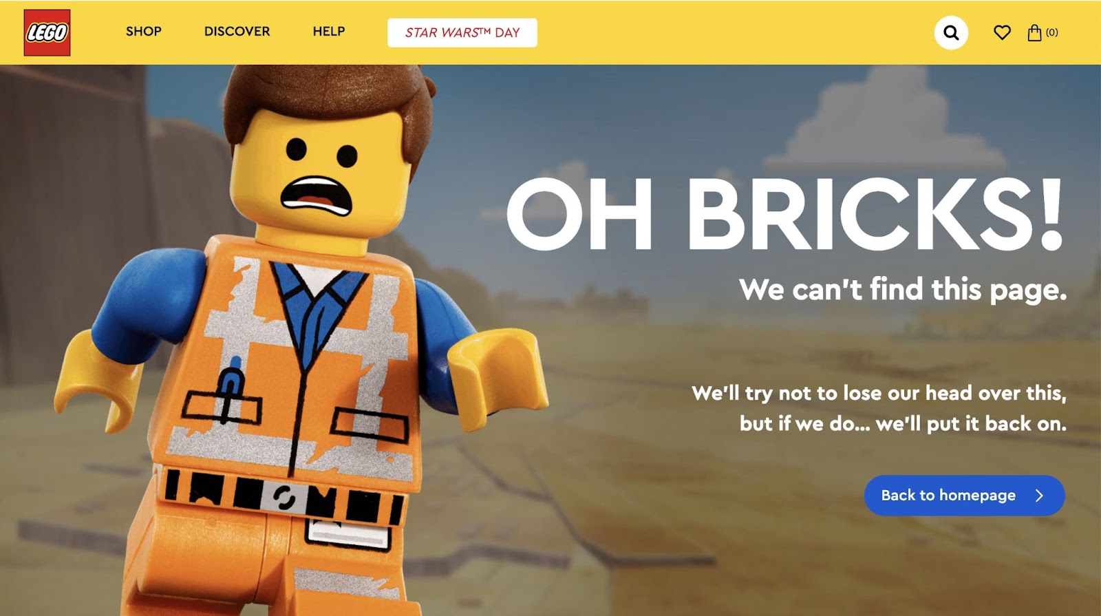 Lego's 404 error page with lego man running with scared face