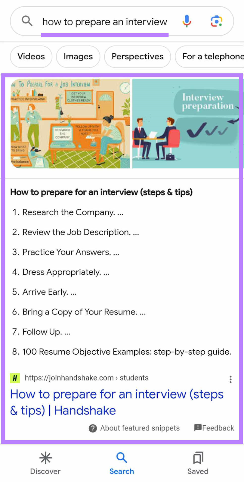 A featured snippet for “how to prepare an interview” on mobile screen