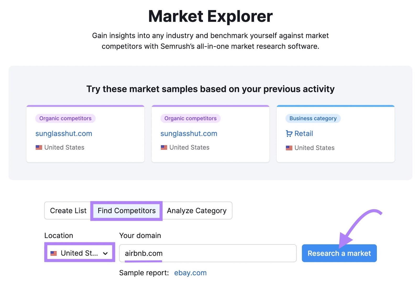 find competitors for airbnb.com with Market Explorer tool