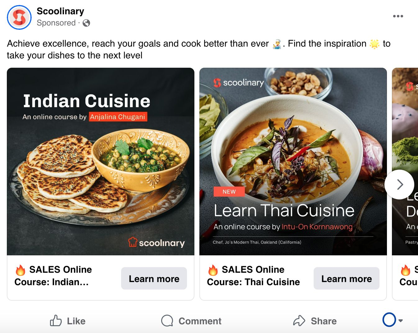 A carousel advertisement  connected  Facebook from Scoolinary
