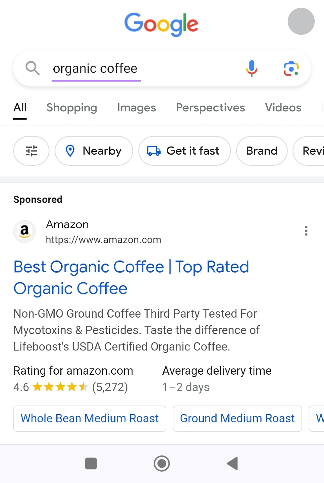 Amazon advertisement  for "organic coffee" query successful  mobile hunt  results