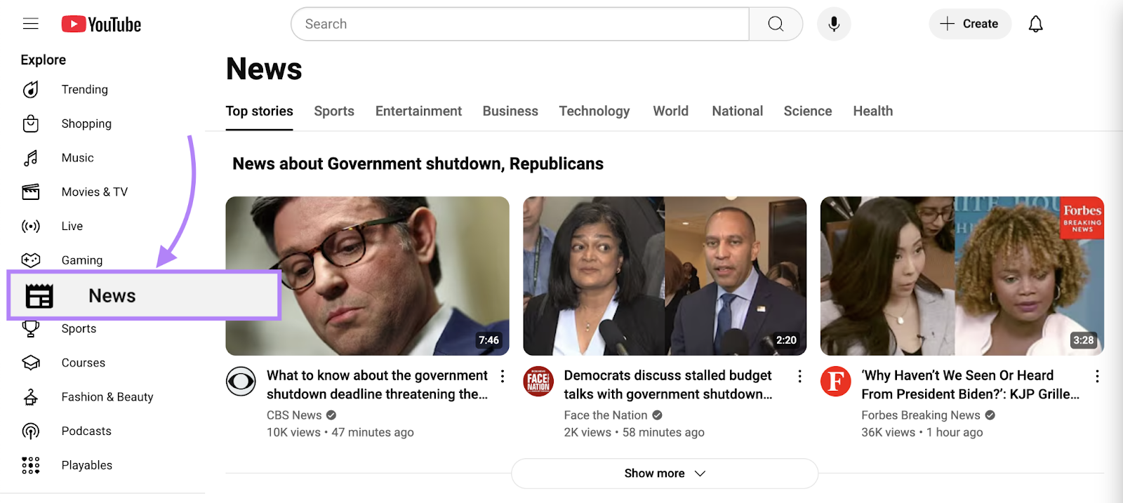 YouTube's News tab is highlighted and shows apical stories.