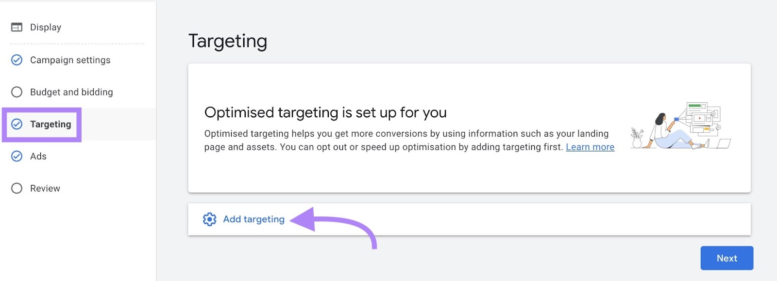 'Targeting' page of Campaign settings with an arrow pointing to 'Add targeting'