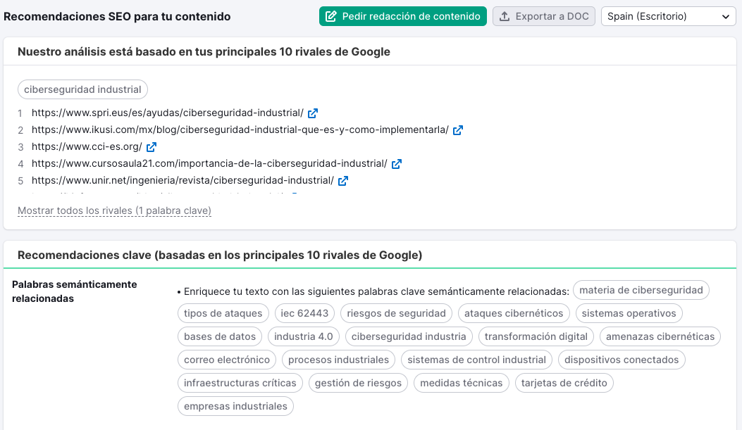 Plantilla de contenido SEO de Semrush