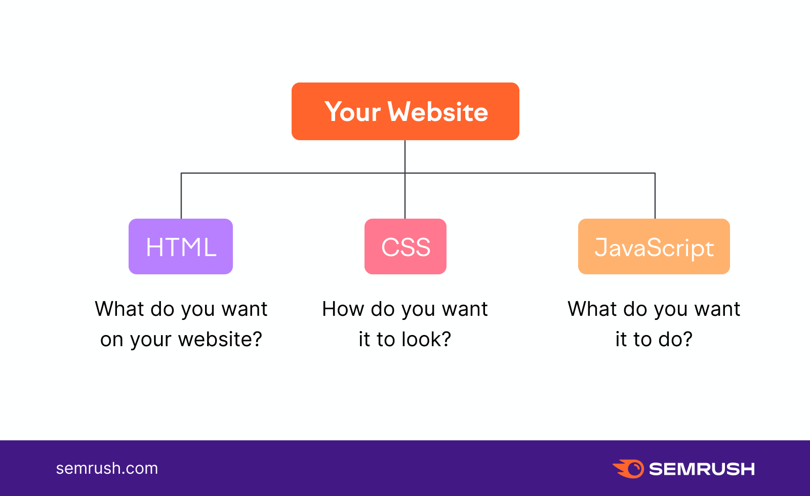 Your website branching into HTML or what do you want on your website, CSS or how do you want it to look, or JavaScript aka what do you want it to do.