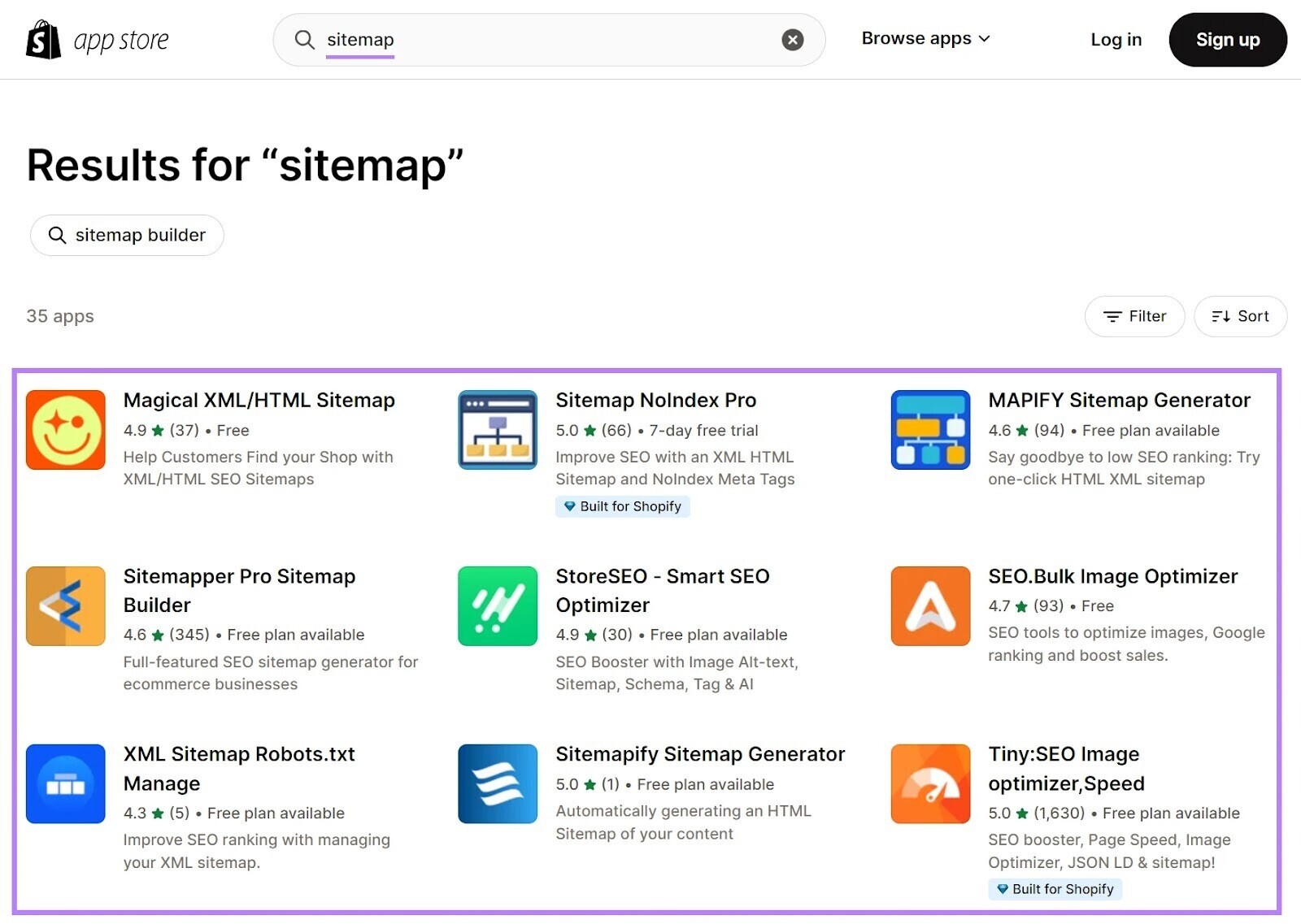 Shopify App Store's results for "sitemap"
