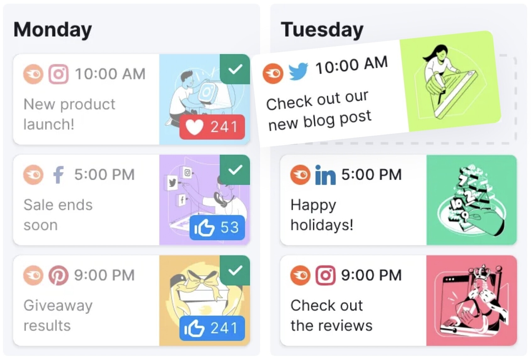 Social media marketers post regularly across platforms every day. Tools like Semrush schedule and track all this content