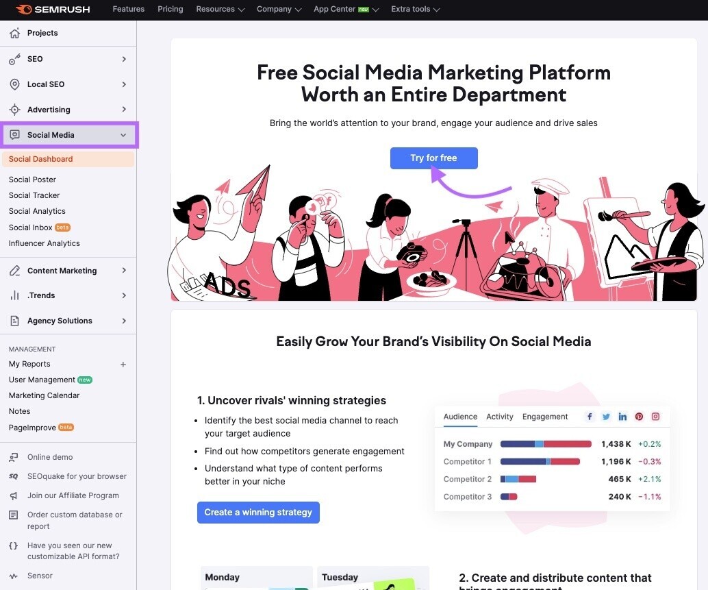 Semrush Social Media Marketing Platform landing page