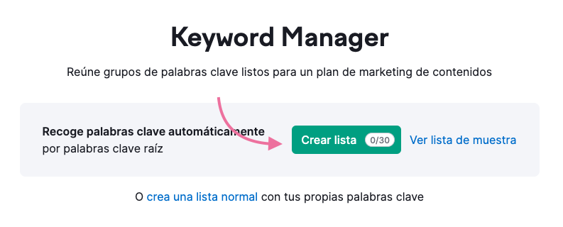 Crea una lista en Keyword Strategy Builder