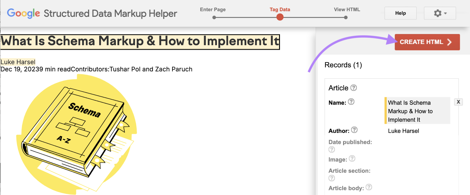 Create HTML fastener is highlighted.