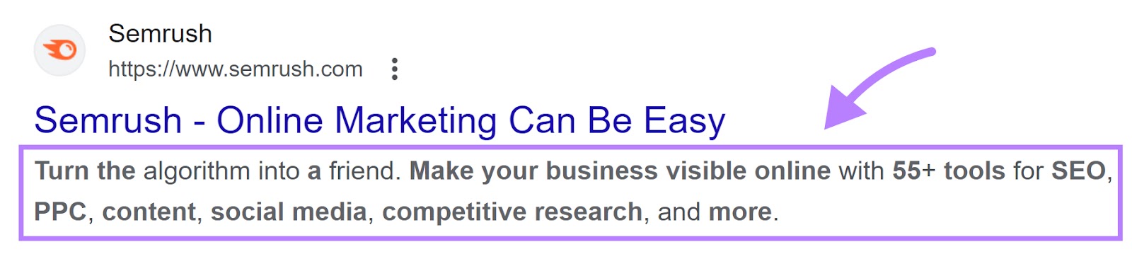 A meta statement  for the Semrush homepage shown connected  Google's SERP