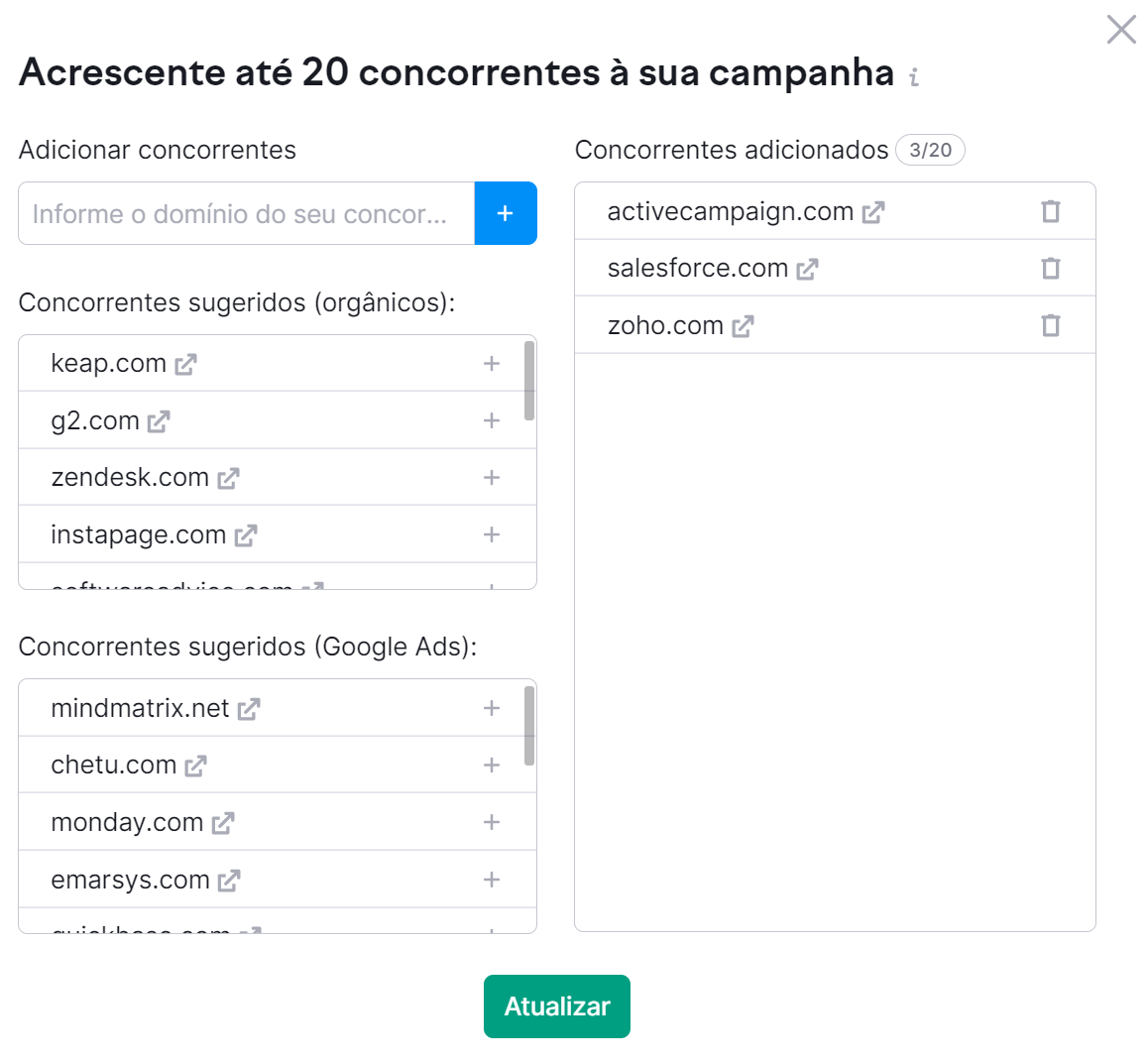 adicionando concorrentes na ferramenta monitoramento de posição