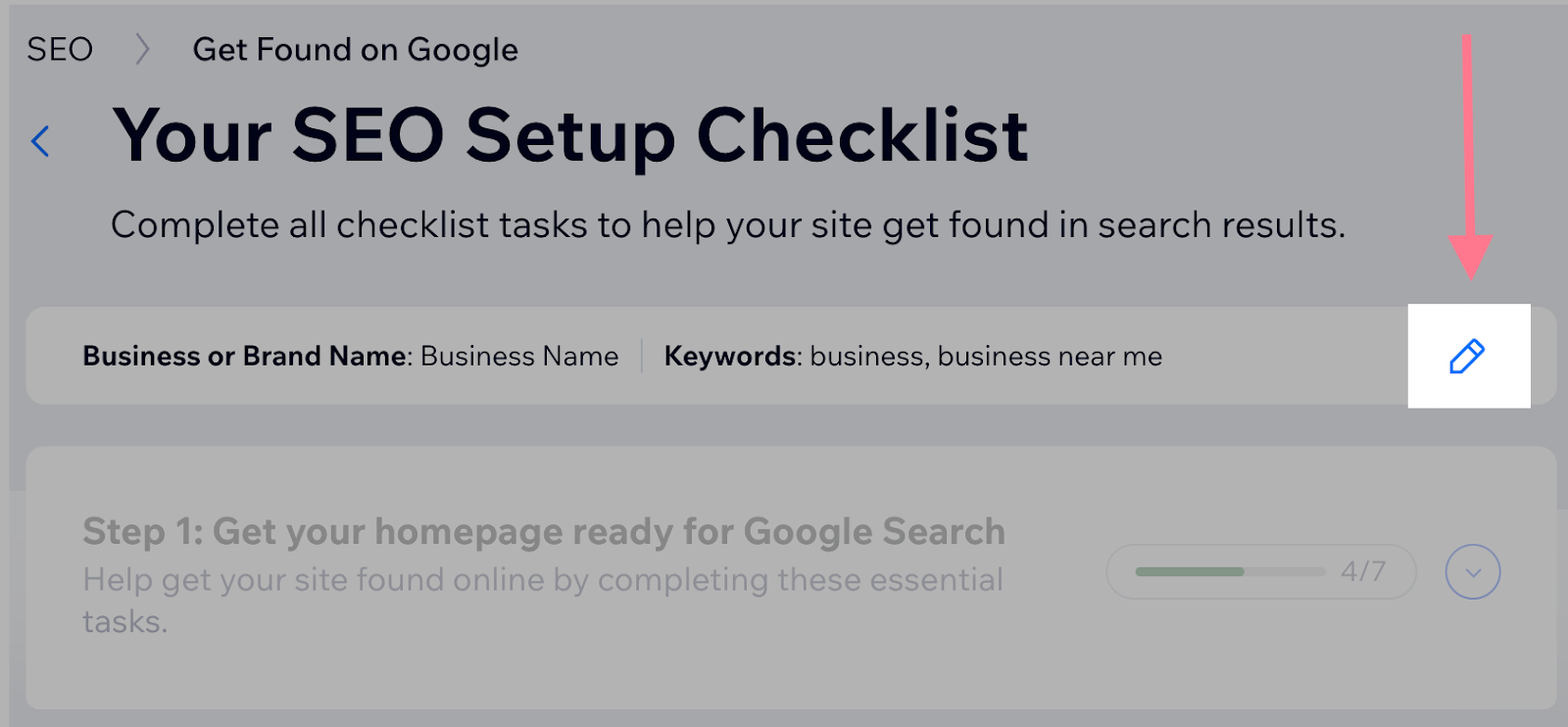 Edit icon under SEO Setup Checklist