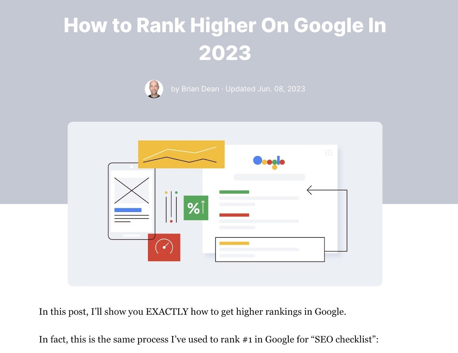 Backlinko blog on "How to Rank Higher on Google in 2023" by Brian Dean