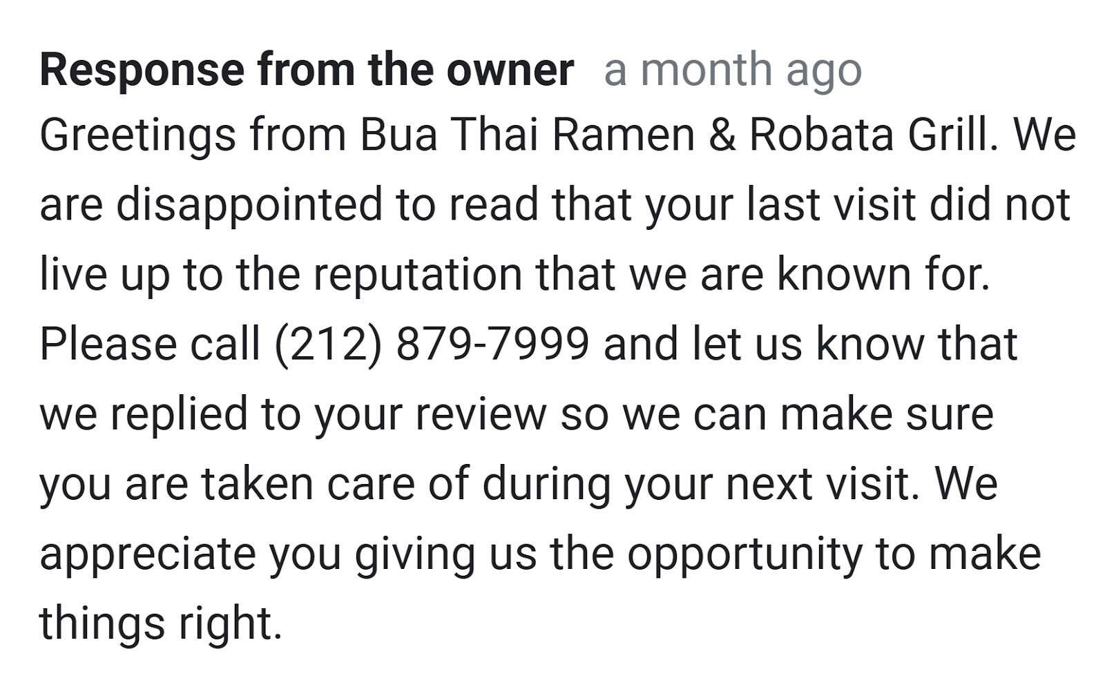 A restaurant owner's reply to a negative review