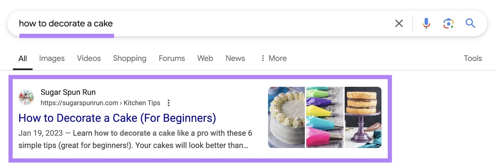 Google SERP for nan connection "how to decorate a cake" wherever a featured snippet doesn't appear.