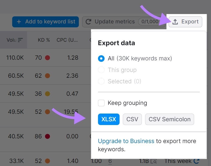 “Export” button lets you save your data in an XLSX, CSV, or CSV semicolon file