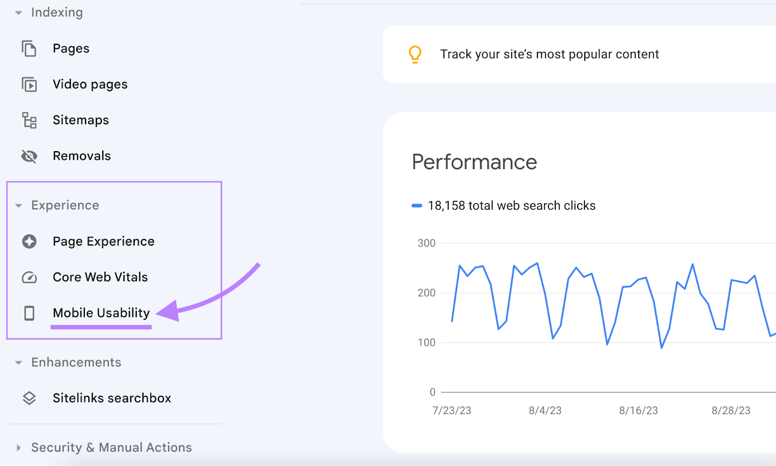 "Mobile Usability" selected from the Google Search Console menu