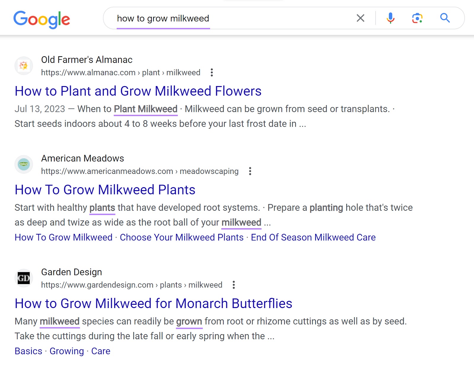 Search engine results page for how to grow milkweed