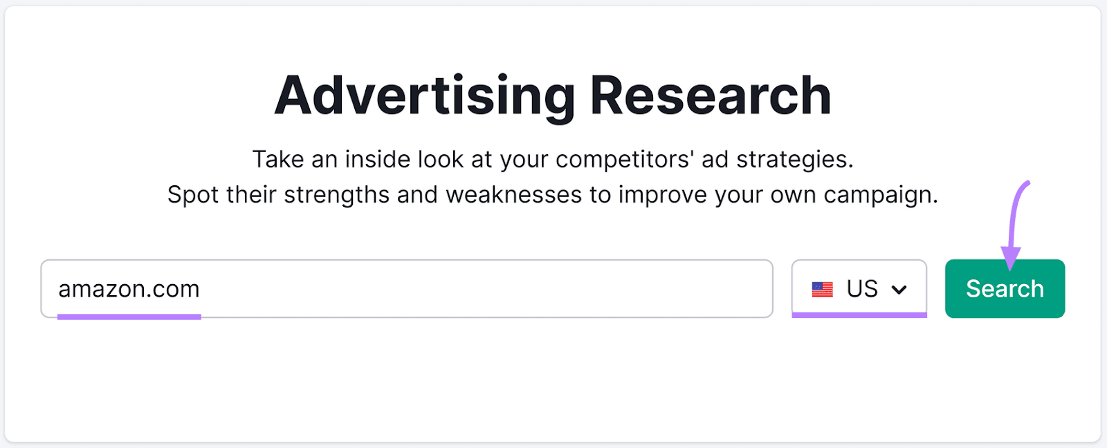 "amazon.com" entered into the Advertising Research search bar