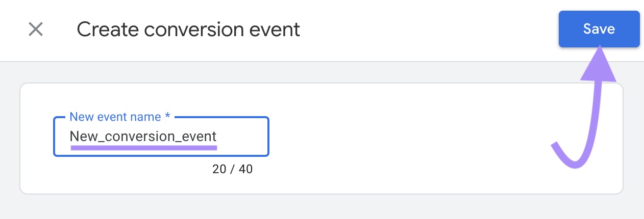 "New_conversion_event" entered under "New event name"