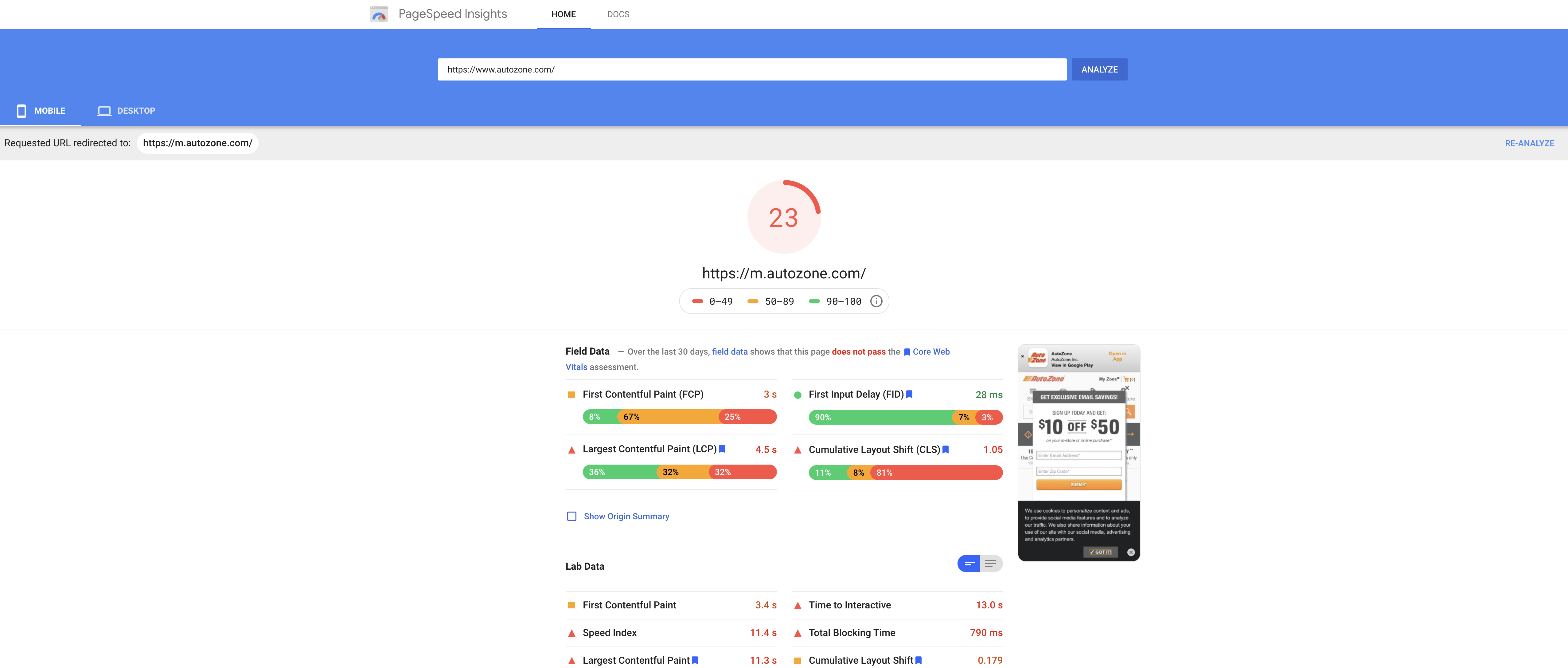 Google PageSpeed Insights data