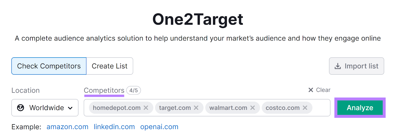 Semrush One2Target tool start with Competitors and Analyze button highlighted