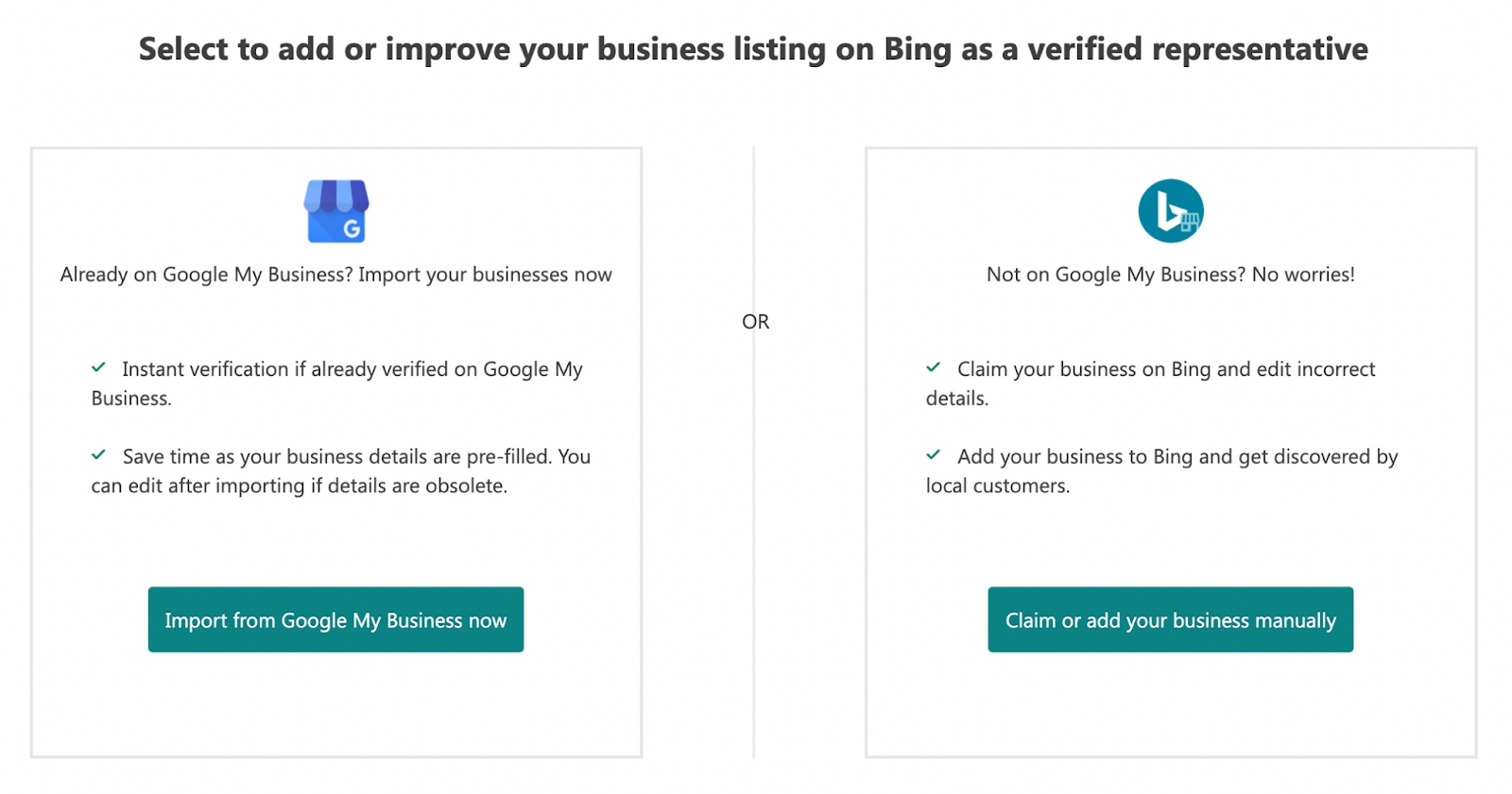 "Select to add or improve your business listing on Bing as a verified representative" window