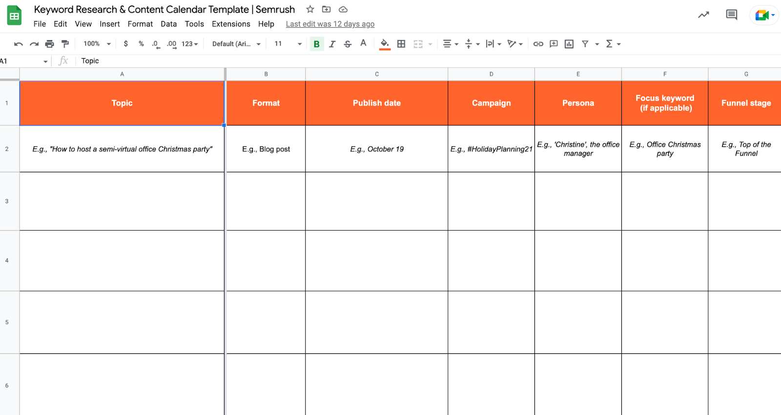 Example of an editorial calendar