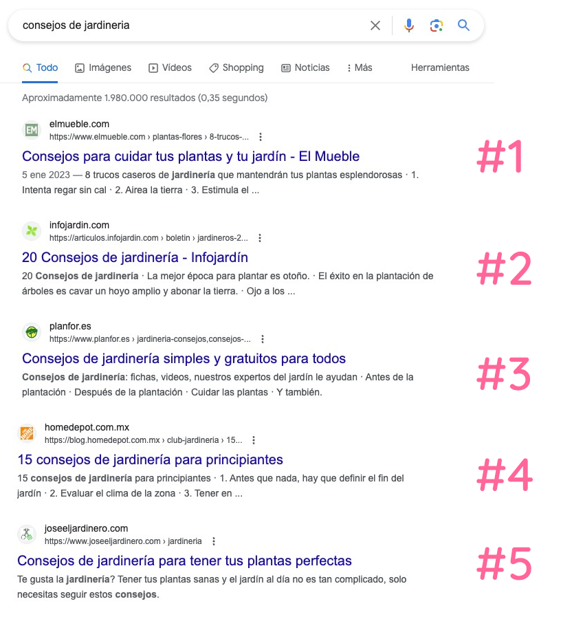 El resultado número #1 del ranking se muestra en la parte superior de las SERP.