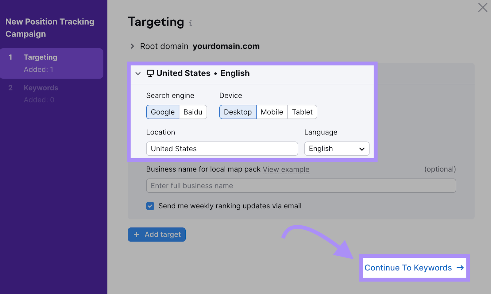 "Targeting" settings window in Position Tracking tool