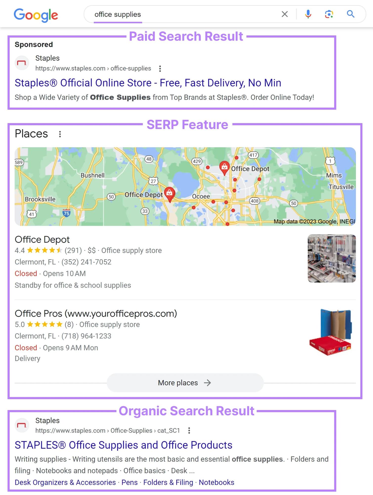Google SERP for "office supplies" with paid search result first, followed by "Places" feature and organic search results