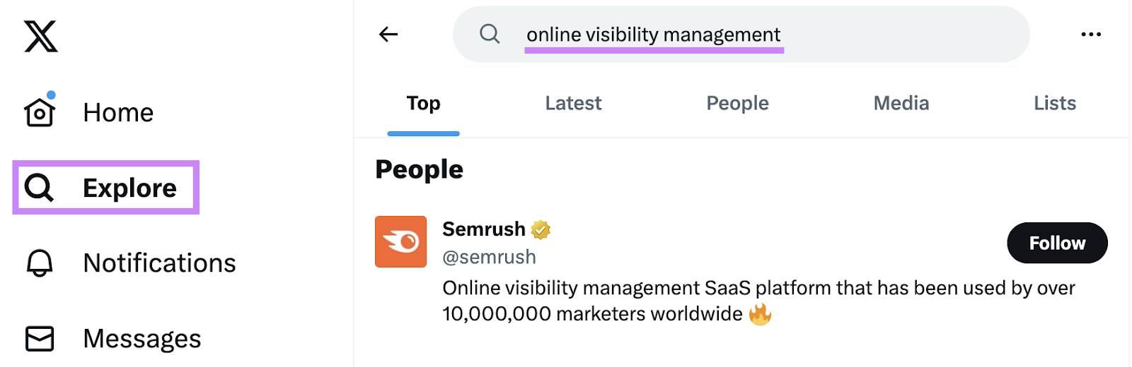 Twitter search result for online visibility management