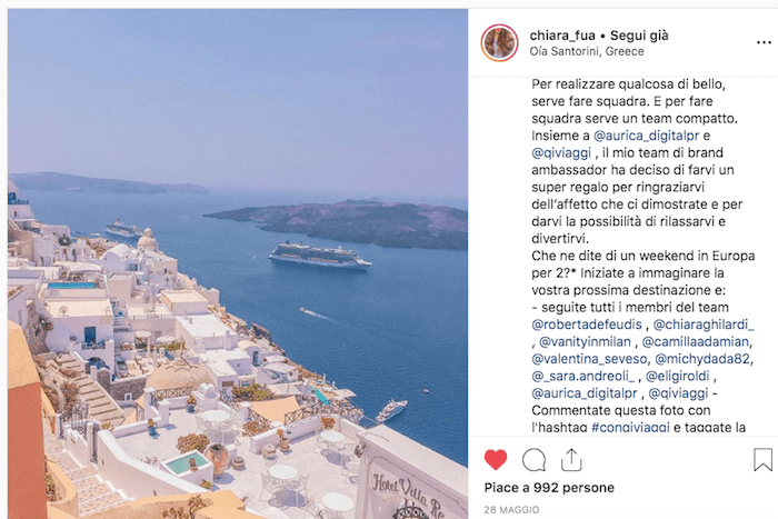 Giveaway su Instagram organizzato da Aurica Digital Agency per QiViaggi