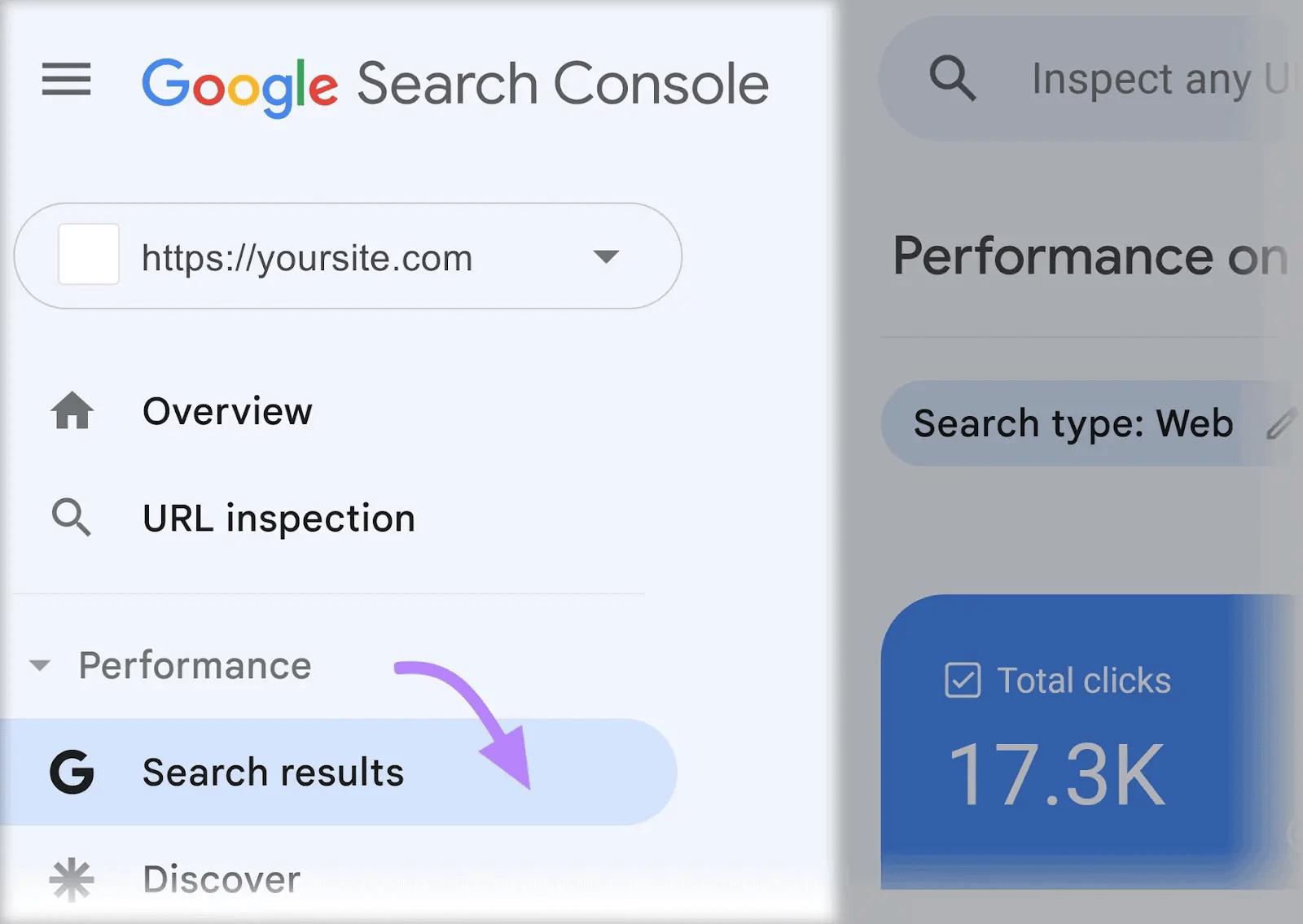 "Search results" button selected in Google Search Console sidebar